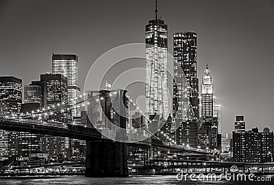 New York by night. Brooklyn Bridge, Lower Manhattan â€“ Black an Stock Photo
